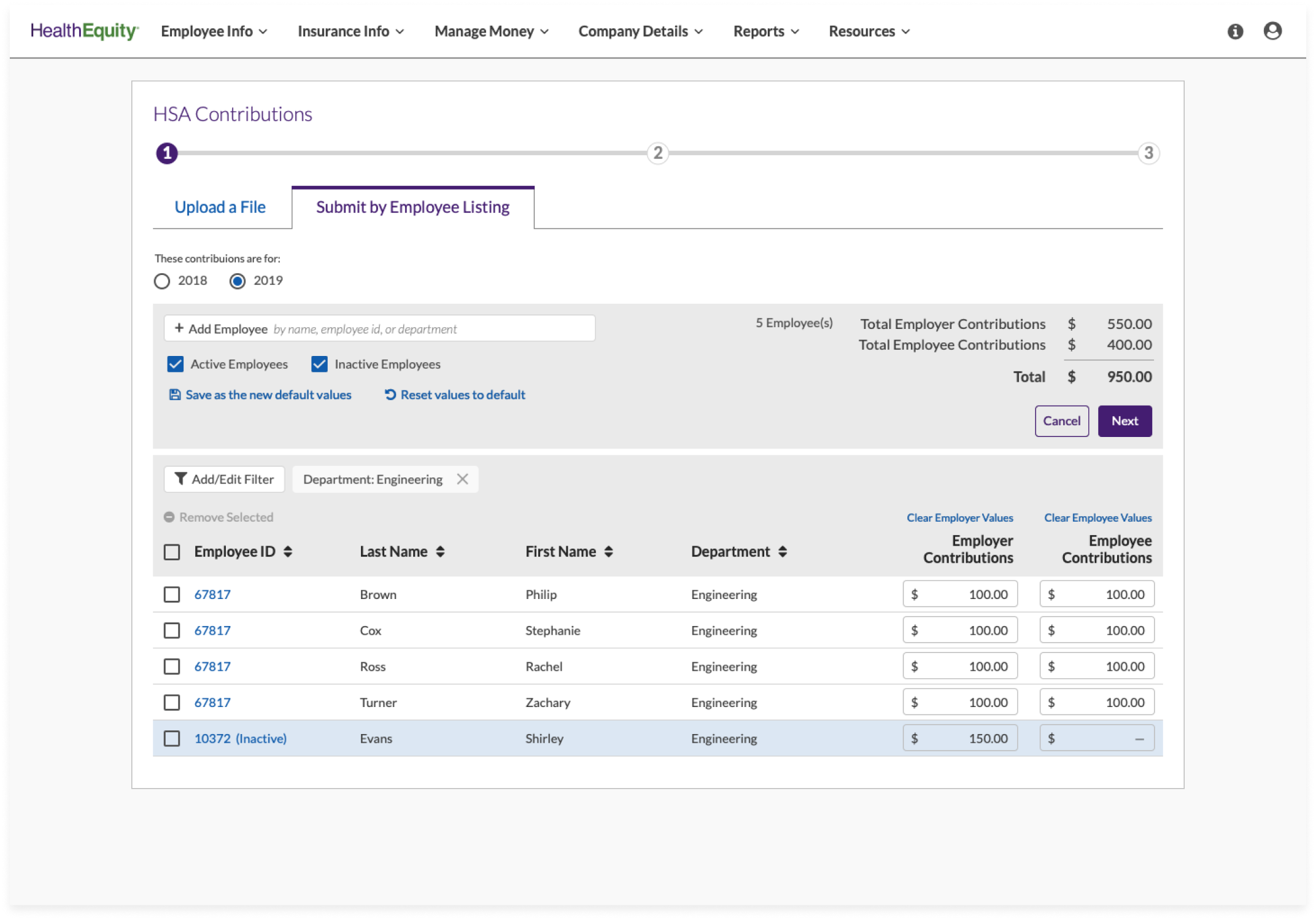 Employer HSA Contributions - Submit by Employee Listing